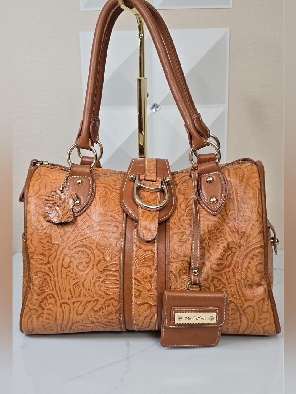 Madi Claire Tooled Embossed Faux Leather Satchel Bag Brown Western Style Purse